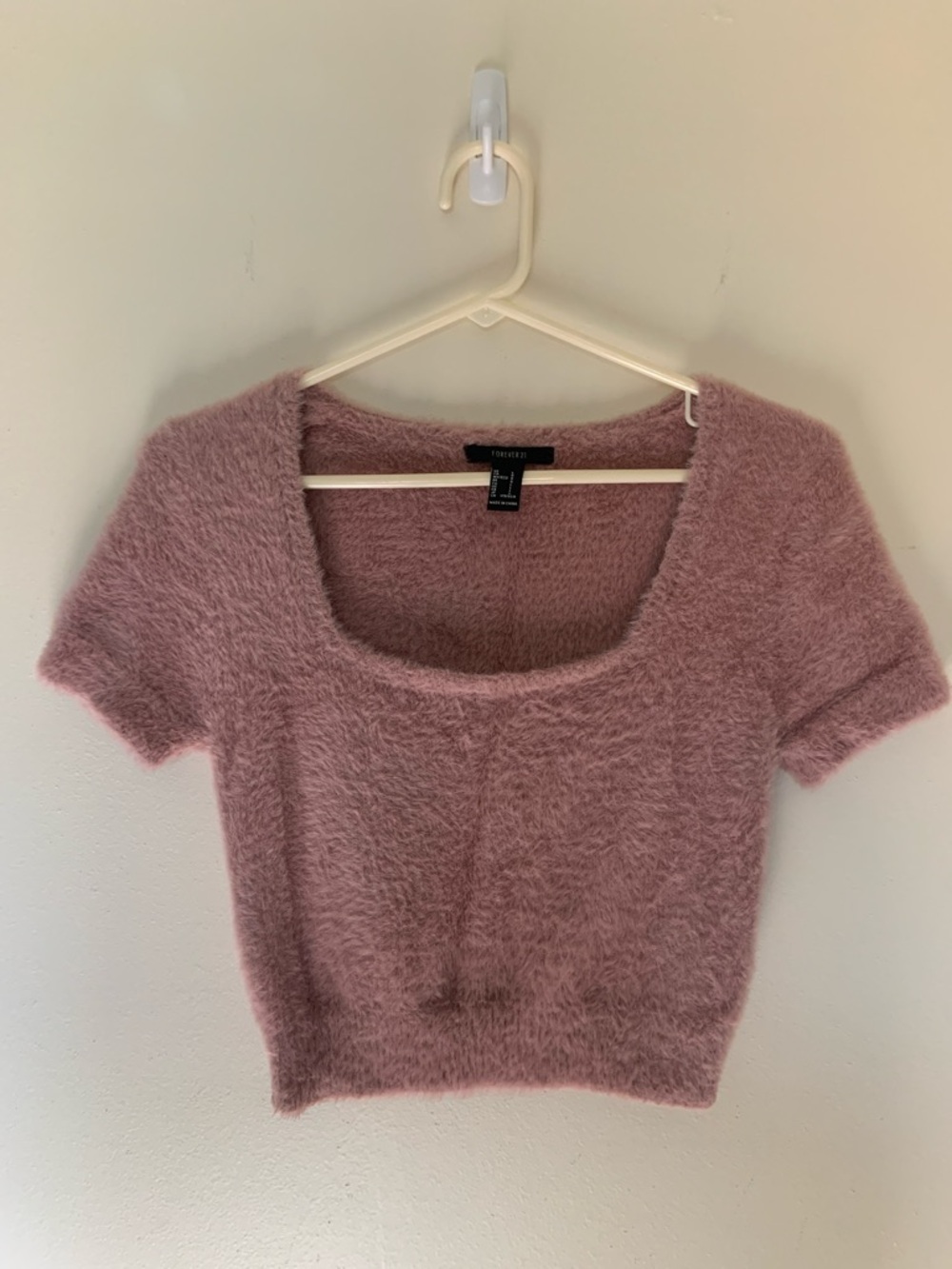 Forever 21 Fuzzy Scoop-Neck Cropped Top in Mauve Pink feminine, romantic y2k